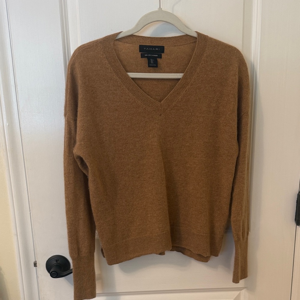 Tahari V-Neck Cashmere Sweater - Camel